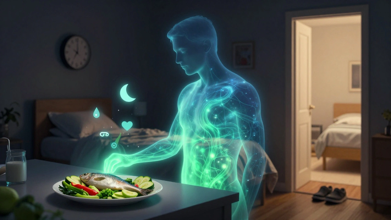 Силуэт человека, изнутри светящийся энергией от еды, сна и движения, в темной среде.