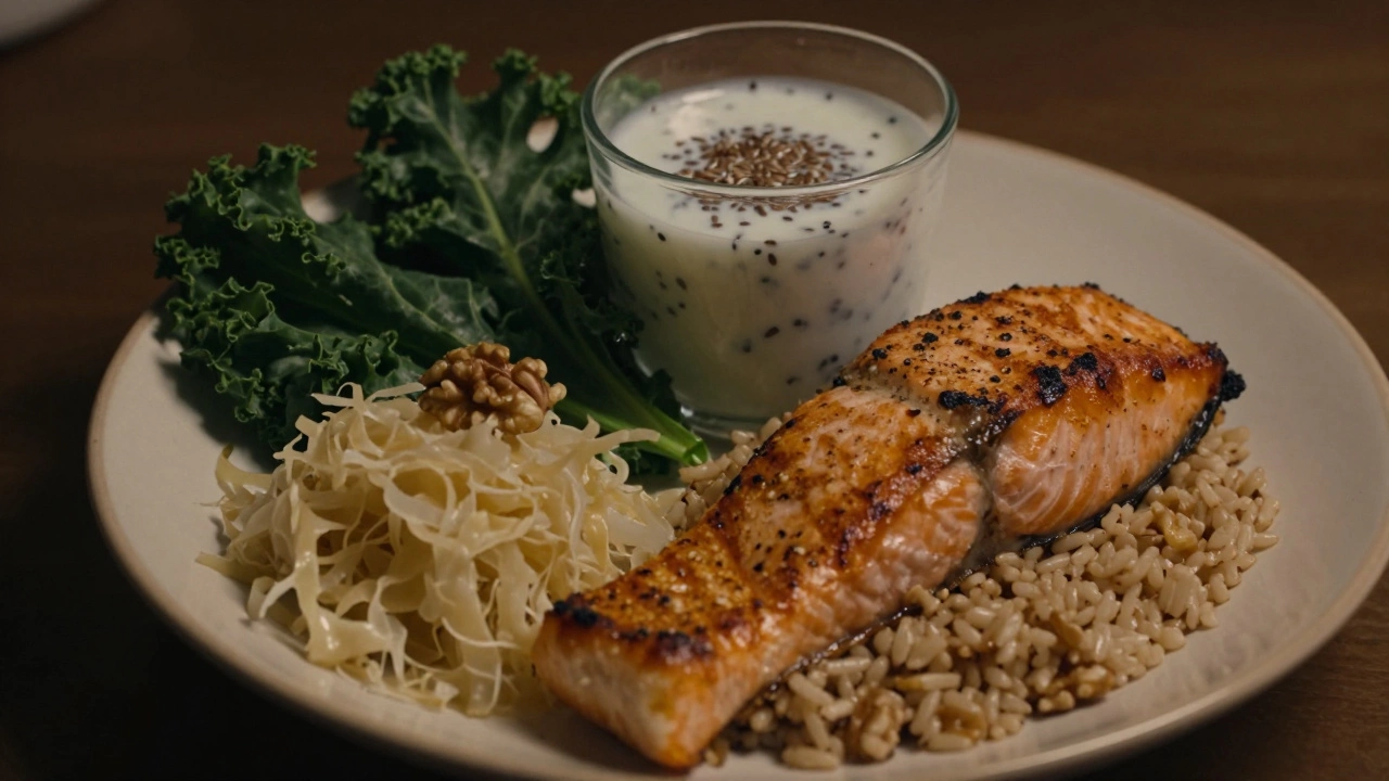 Тарелка лосося с квашеной капустой и кефиром на фоне листьев капусты