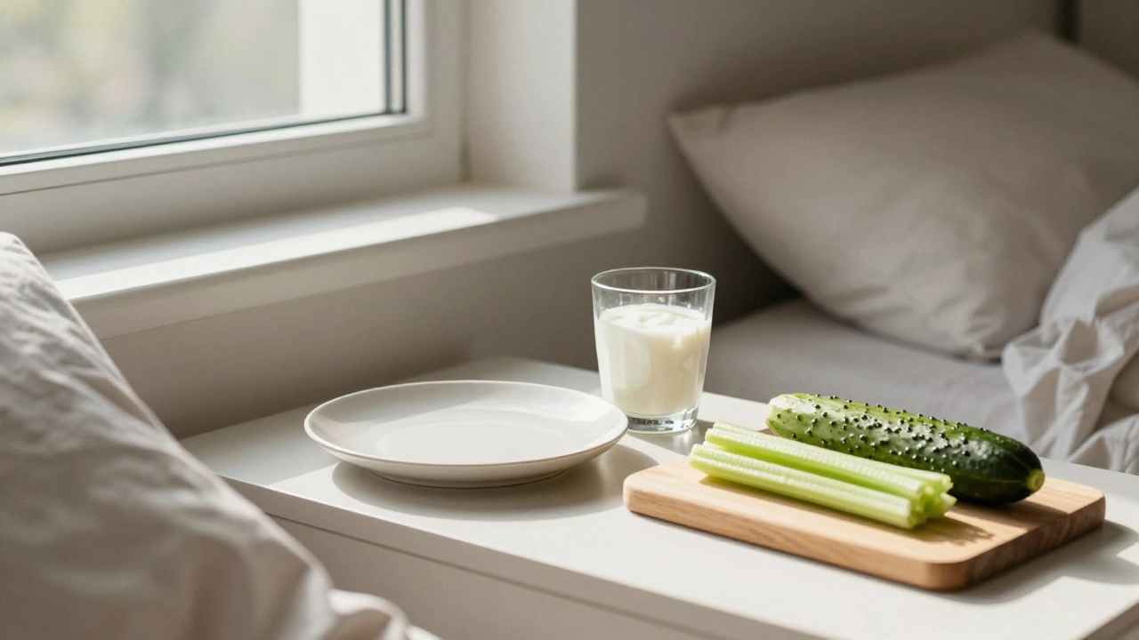 Утренняя сцена: человек просыпается спокойно, рядом — кефир и огурец, мягкий свет, атмосфера умиротворения.