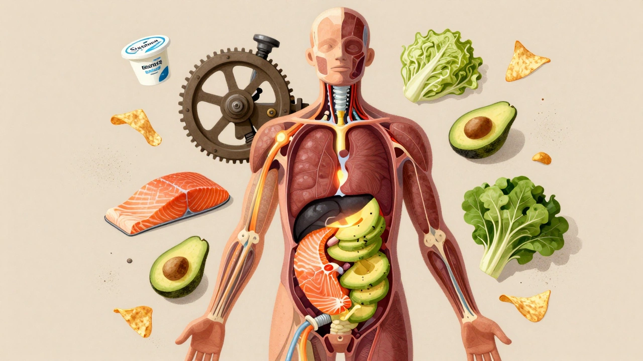 Внутреннее устройство тела, питаемое натуральными продуктами, в то время как переработанные продукты разрушаются.