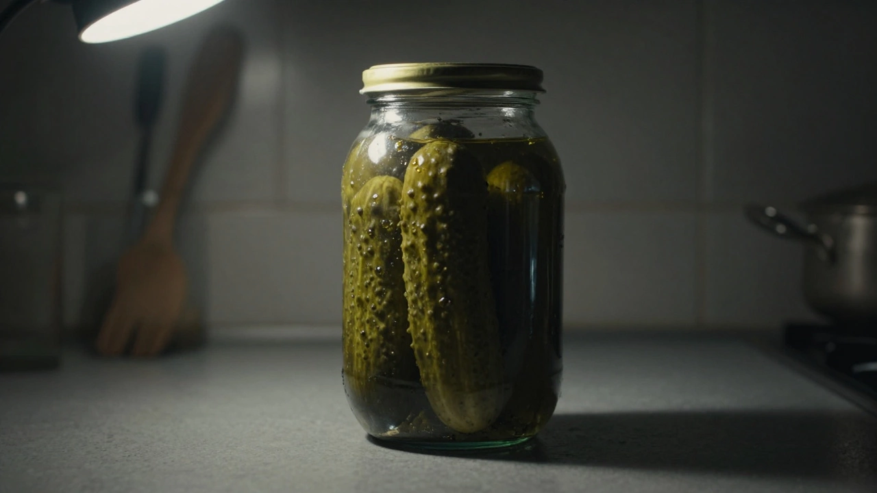 Вздувшаяся банка соленых огурцов на кухонном столе, мрачное освещение, признаки брожения.