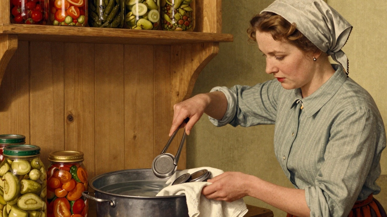 Женщина в платке аккуратно достаёт стерилизованные крышки щипцами.