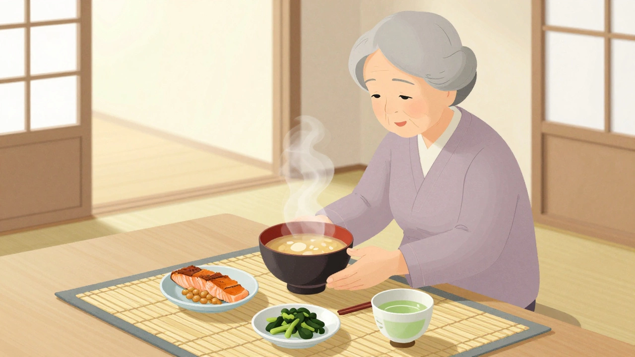 Японская женщина готовит лёгкий обед с рыбой, мисо и зелёным чаем.