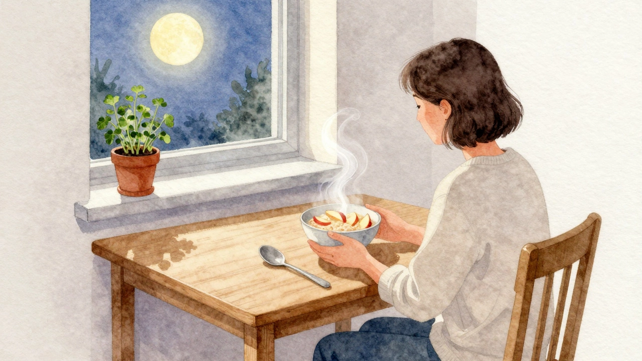 Человек ест овсянку с яблоками за тихим вечерним ужином.