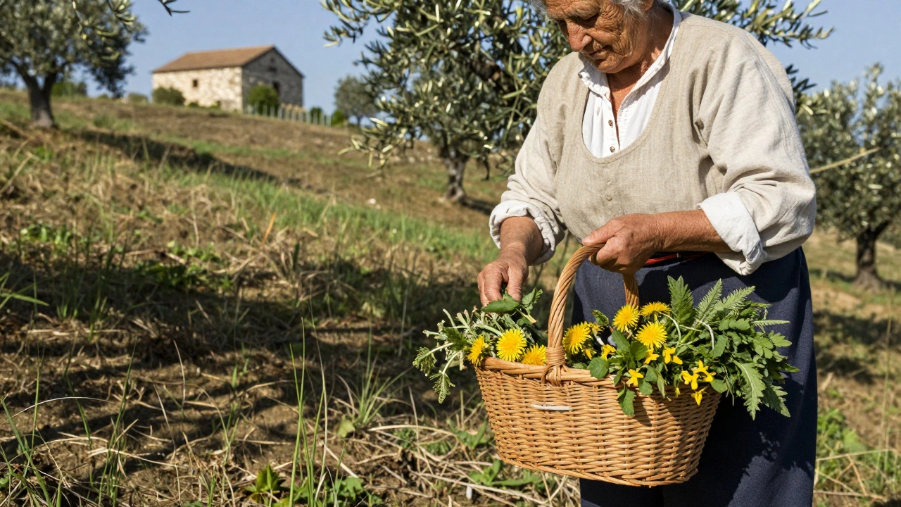 Греческая бабушка собирает дикую зелень на холме весной.