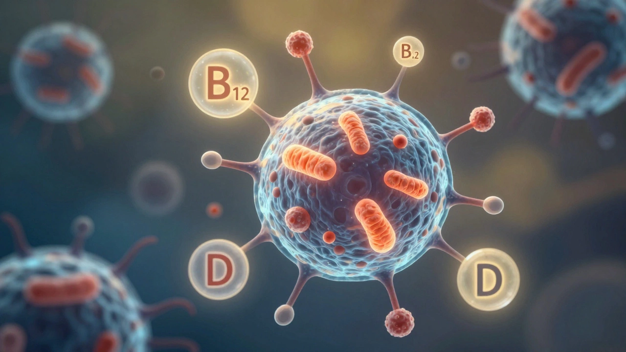Клетка с митохондриями, окруженная витаминами B12, D и железом в виде светящихся частиц.