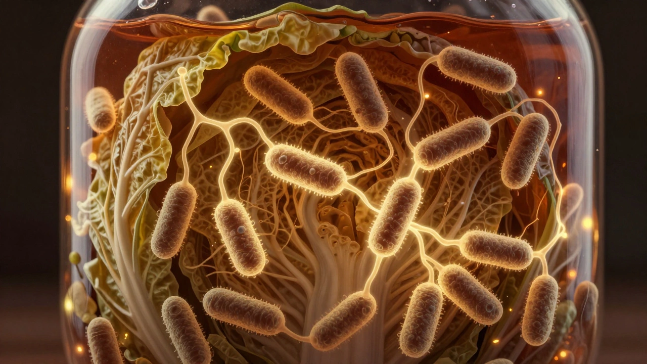 Микроскопический вид бактерий на капусте, создающих молочную кислоту при ферментации.