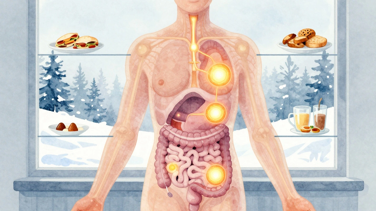 Прозрачное тело с энергетическими импульсами, символизирующими четыре приёма пищи в течение дня.