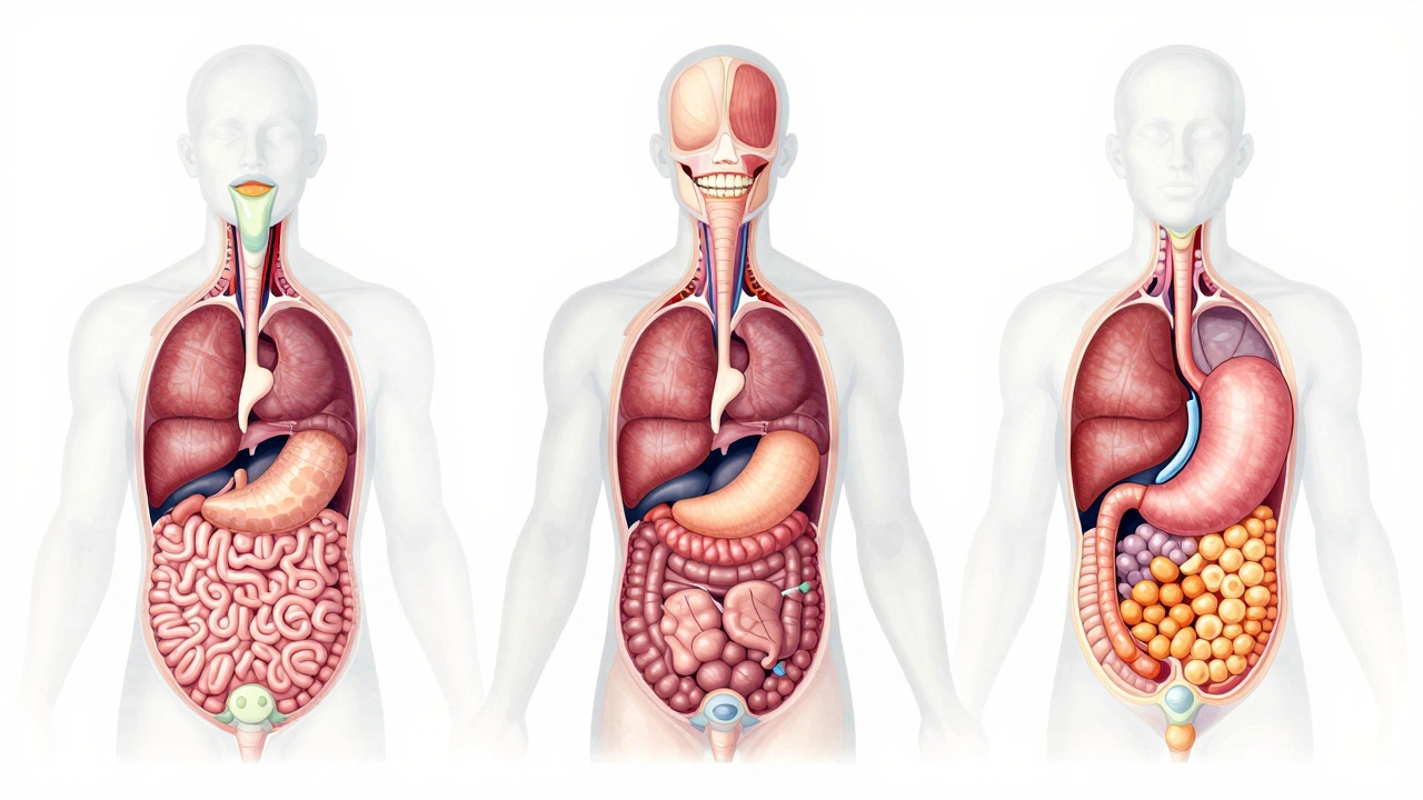 Прозрачный силуэт человека с внутренними этапами приема пищи: жевание, глотание, переваривание.