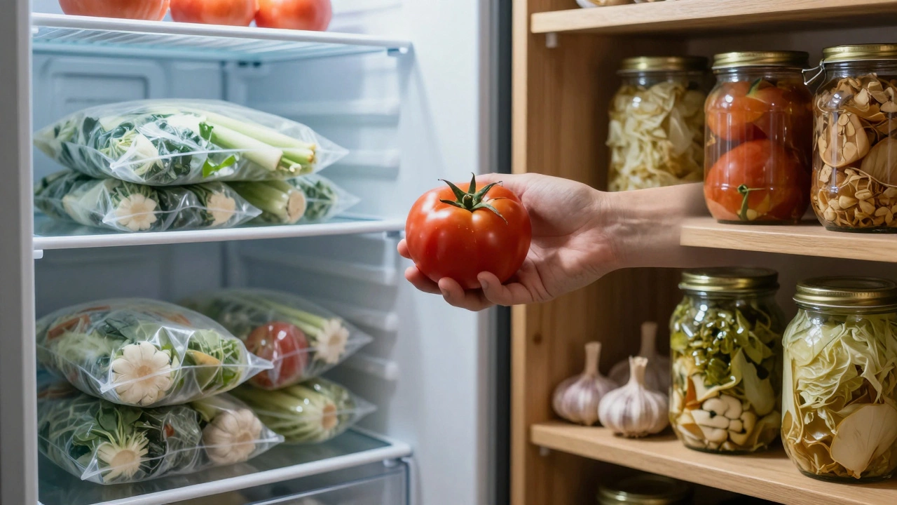 Разделённая сцена: морозильник с овощами слева, полки с банками справа, рука держит свежий помидор посередине.