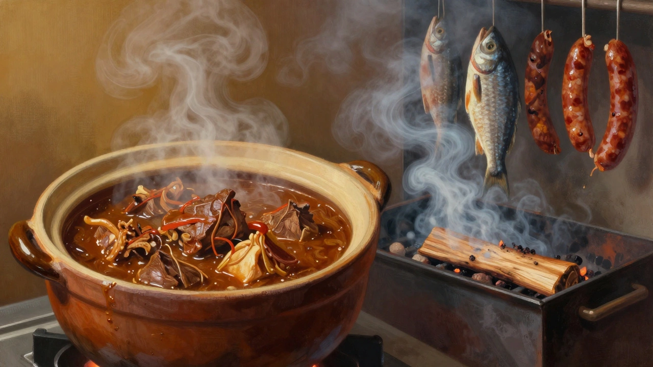 Разделенная сцена: тушение в глиняном горшке и копчение рыбы и колбас в дыму.