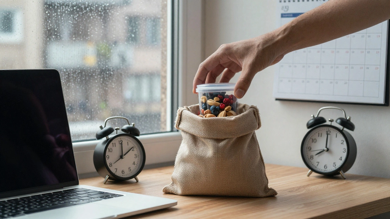 Рука кладёт полезный перекус в сумку рядом с ноутбуком и часами, показывающими время перекуса.