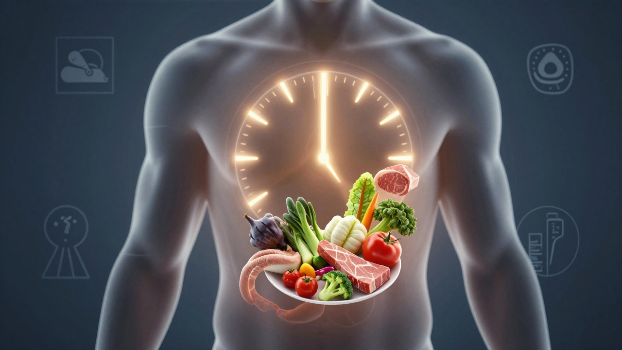 Схематичное изображение тела с внутренним часами и питательными элементами, символизирующими метаболизм.