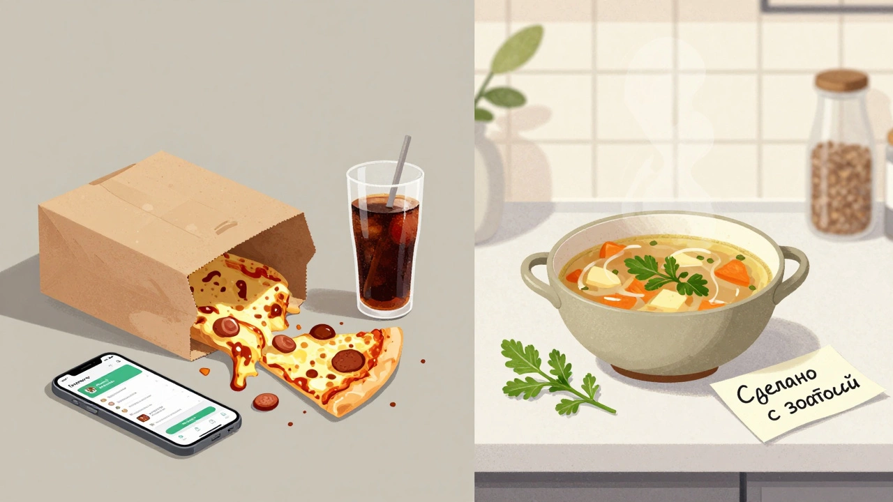 Сравнение: мусор из фастфуда слева и домашний суп справа.