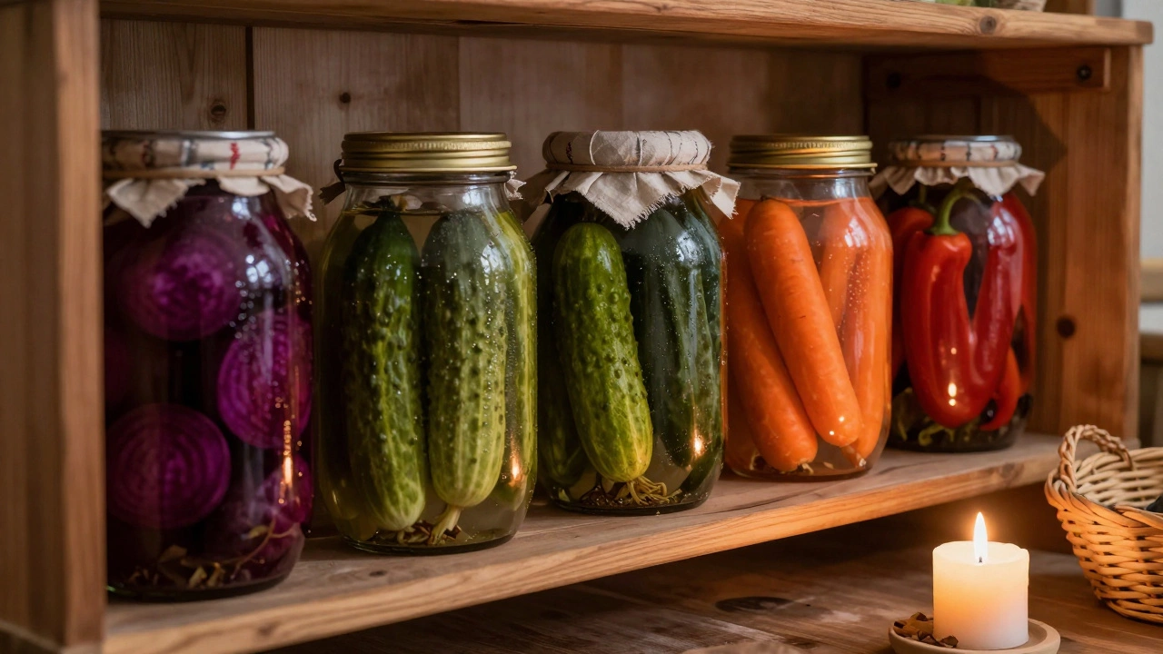 Стеклянные банки с заквашенными овощами на деревянной полке в тёплом освещении.