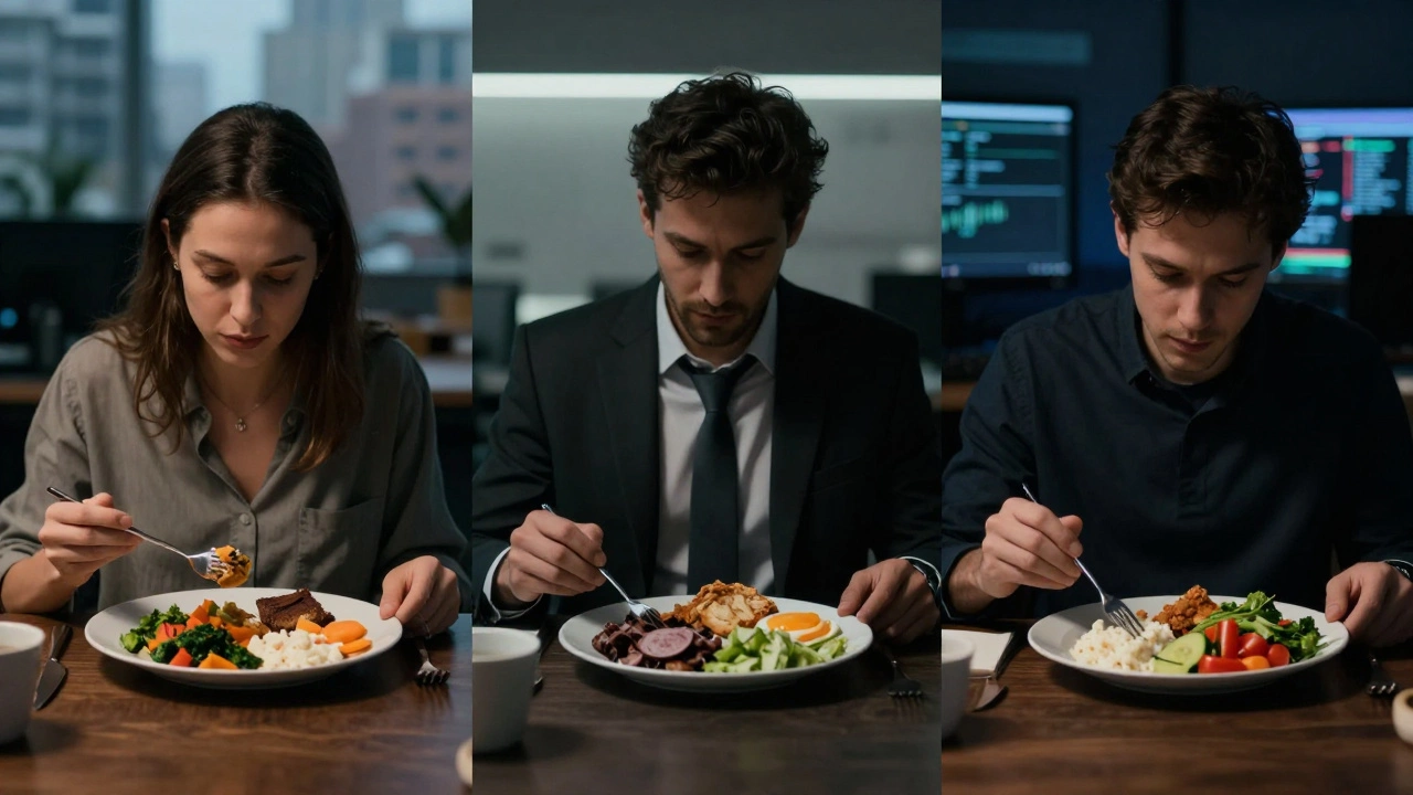 Три силуэта в разное время дня, каждый с одинаковым сбалансированным приемом пищи.