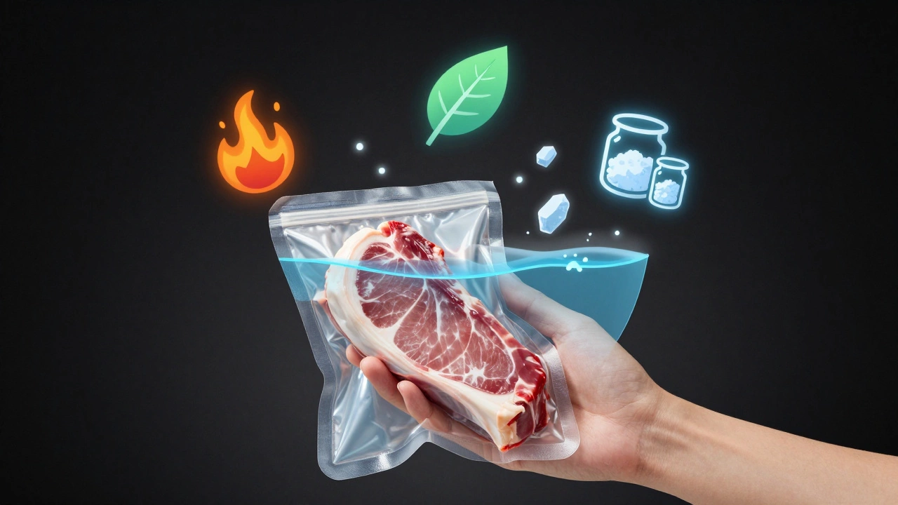 Вакуумный пакет в водяной бане, окруженный символами других кулинарных методов.