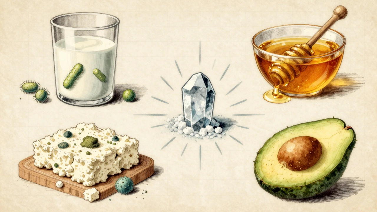 Винтажная иллюстрация: бактерии в молоке и плесень на твороге исчезают под воздействием соли.