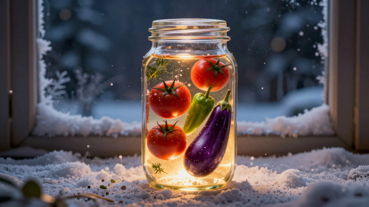 Закрытая банка светится изнутри золотым светом, как лето внутри зимы, с овощами, замороженными в стекле.