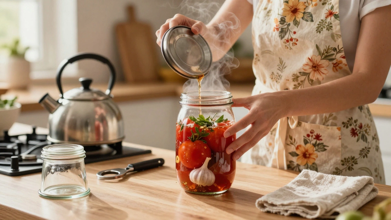 Женщина заливает кипящий маринад в банку с помидорами, готовясь закатать её металлической крышкой.