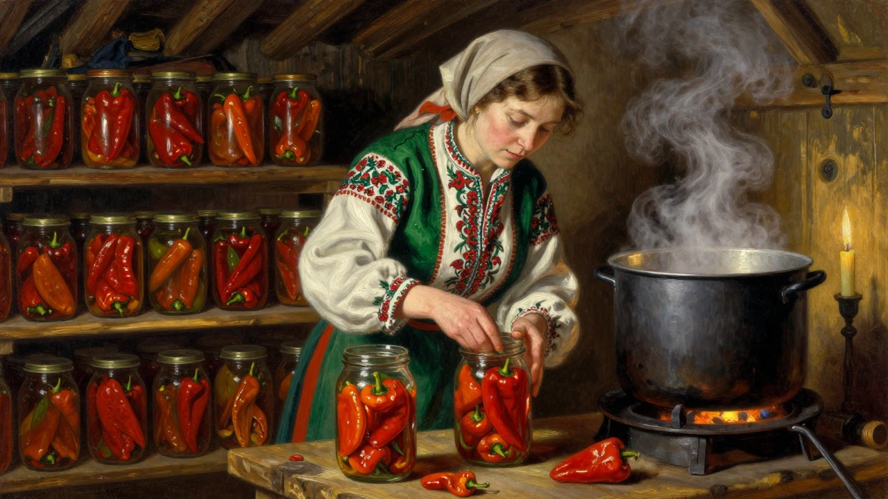 Женщина заполняет банки помидорами в собственном соке на кухне с печью, пар поднимается от кастрюли.