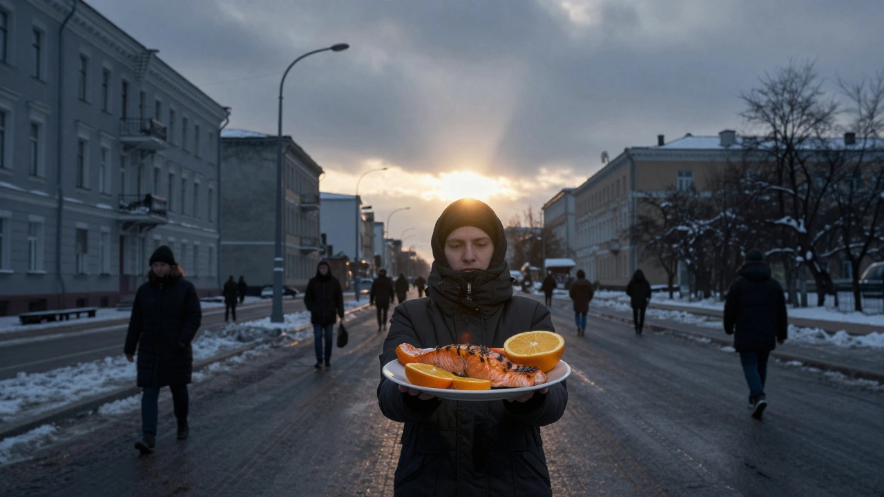 Зимний городской пейзаж в России, где один луч солнца освещает человека с рыбой и цитрусами.
