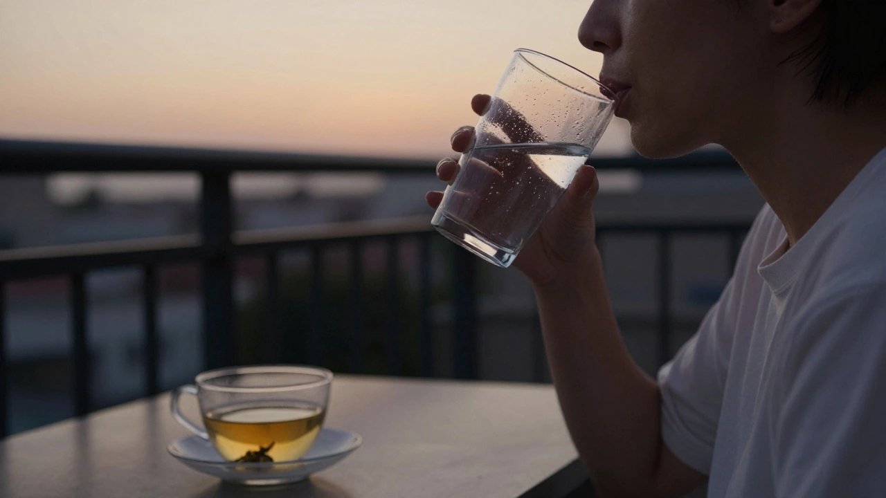 Человек пьёт воду на балконе на закате, чай не тронут, время 20:00 — лёгкий ужин и спокойствие.