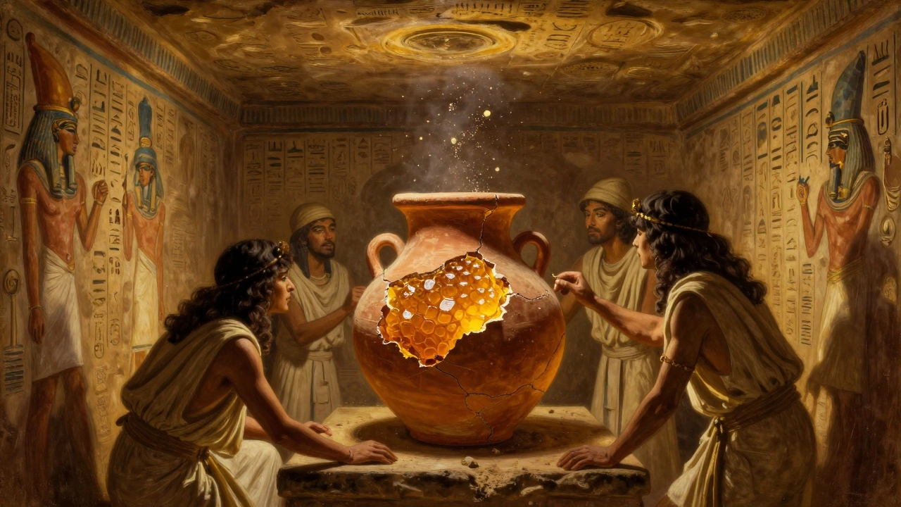 Древнеегипетская глиняная банка с кристаллизованным мёдом в тёмной гробнице при свете факела.