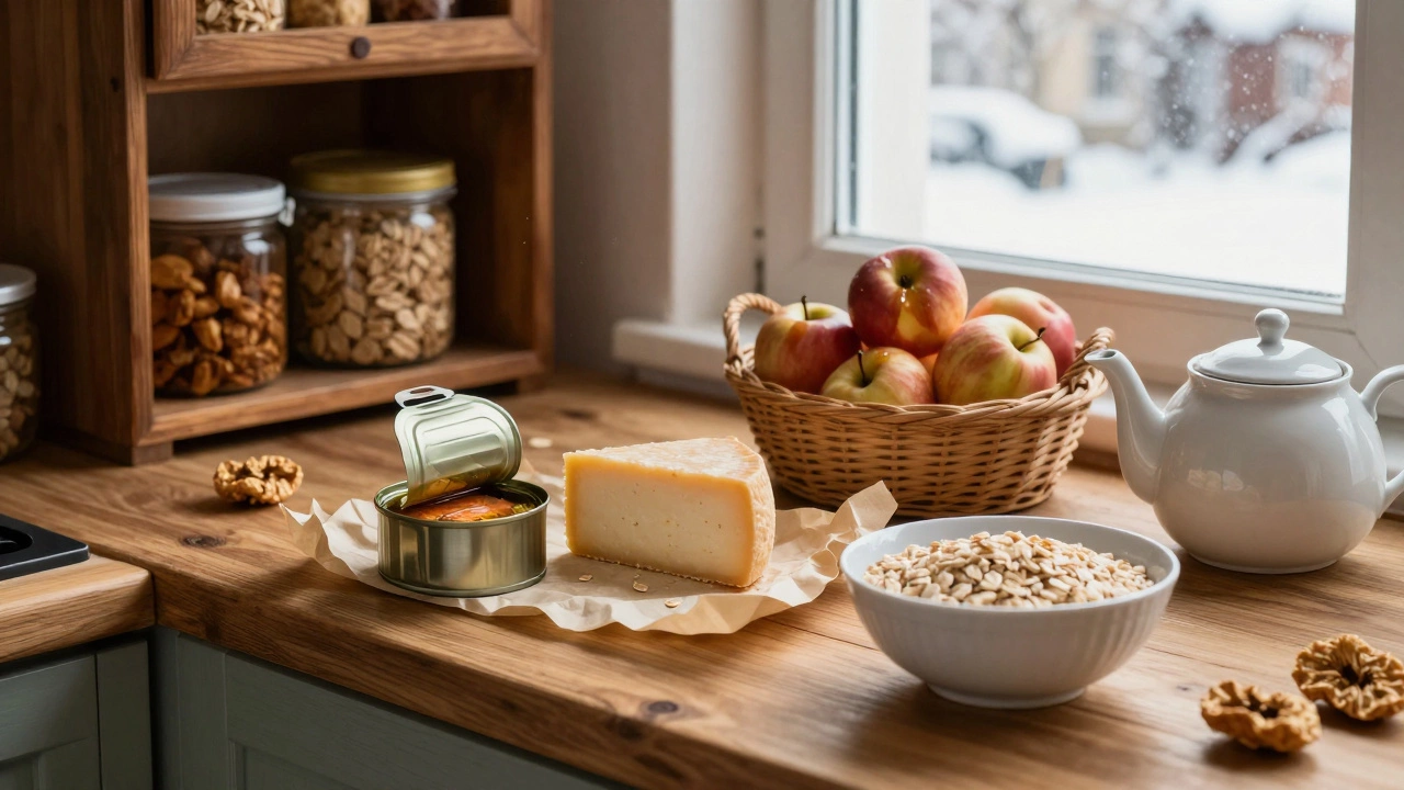 Консервированная рыба, сыр и сухофрукты на кухонном столе с овсянкой и чайником в зимнем интерьере.