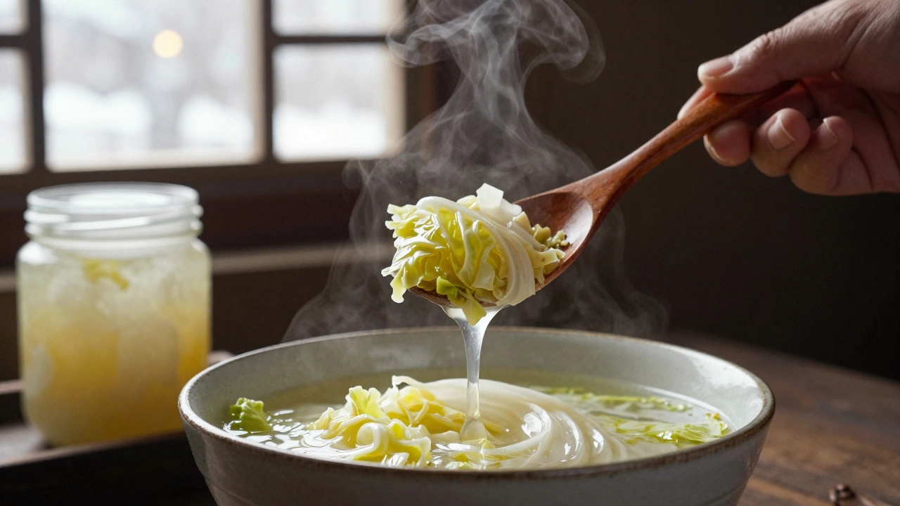 Ложка с готовой квашеной капустой, капли рассола падают, на заднем плане — банка с плёнкой и зимнее окно с инеем.