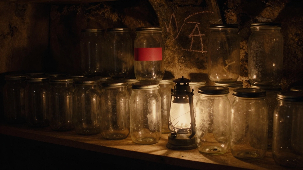 Погреб с банками консервации, одна банка слегка вздута, тёплый свет фонаря