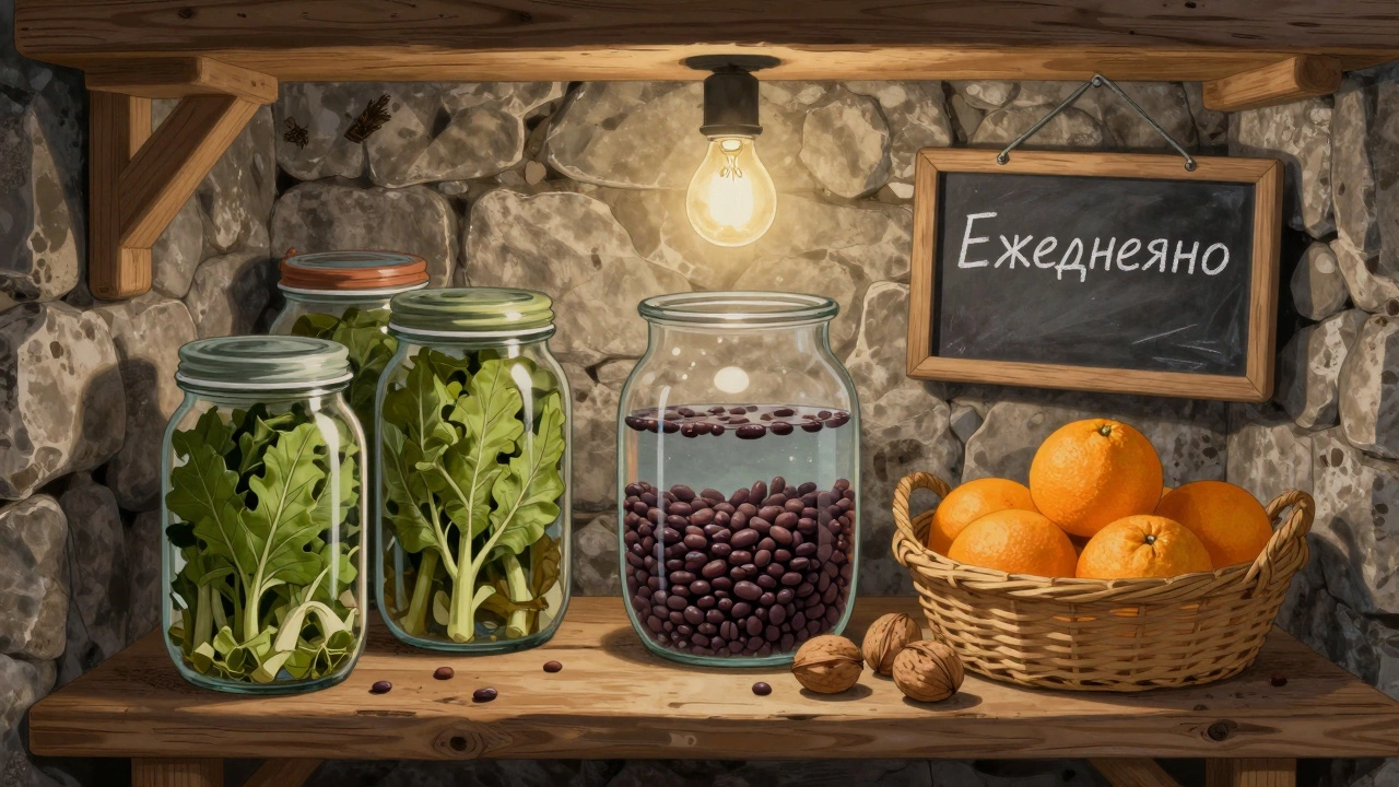 Погреб с сохранёнными овощами, бобовыми и цитрусами в стеклянных банках и корзинах.