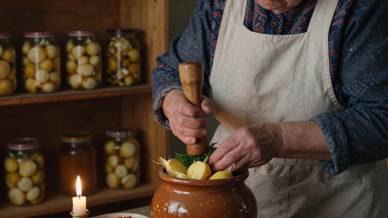 Пожилая женщина укладывает свеклу и укроп в керамический кувшин для квашения.