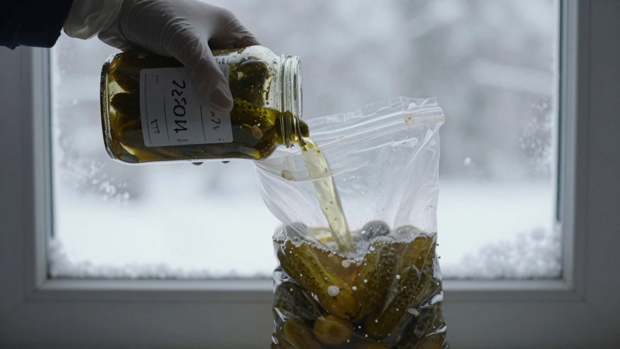 Рука в перчатках выливает испорченные огурцы в герметичный пакет, на поверхности — плесень.