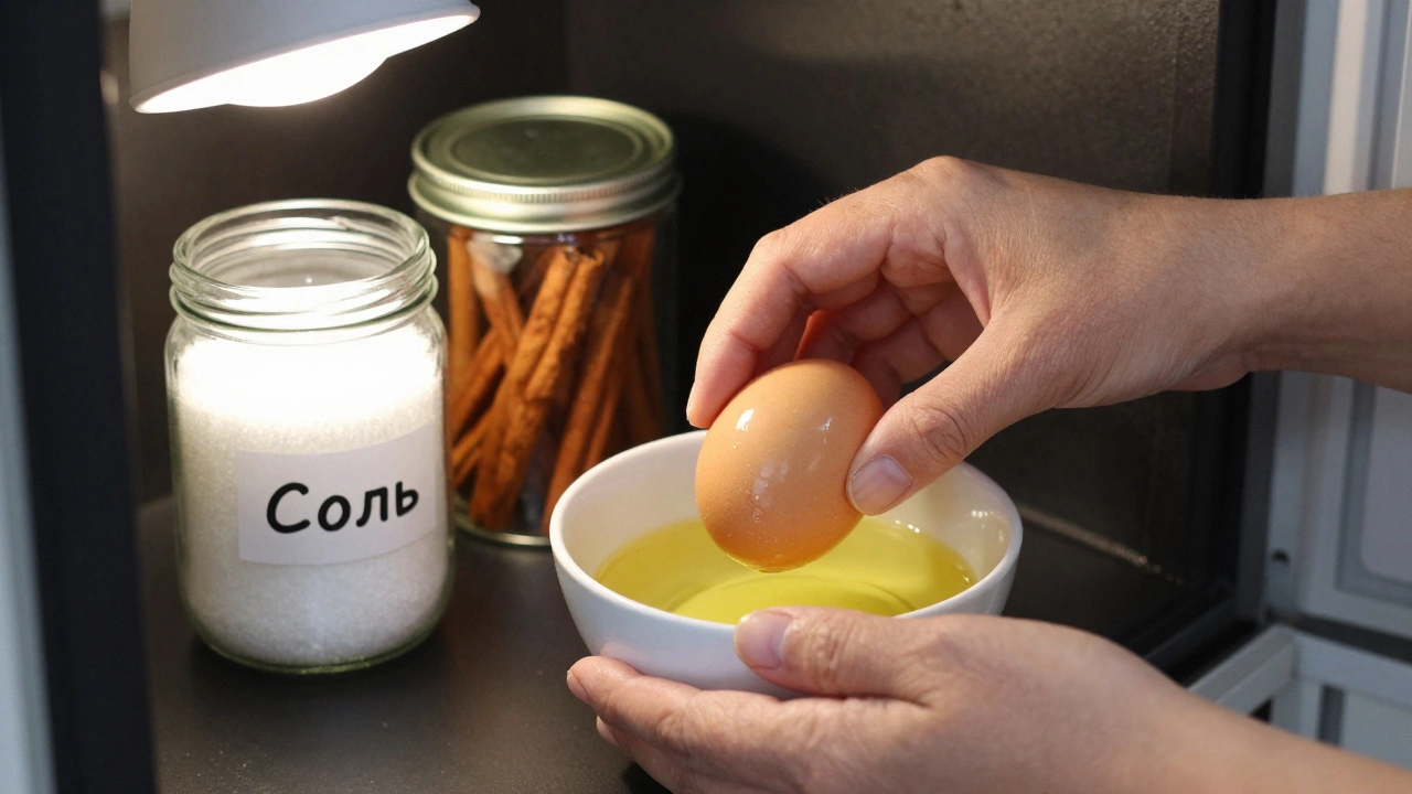 Руки кладут яйцо в масло рядом с банкой соли и корицей в тёмном шкафу, без холодильника.