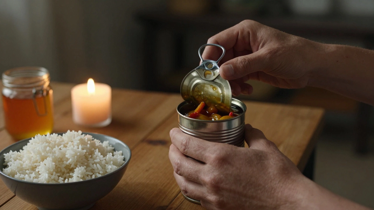 Руки открывают герметичную консервную банку при свече в доме без электричества.