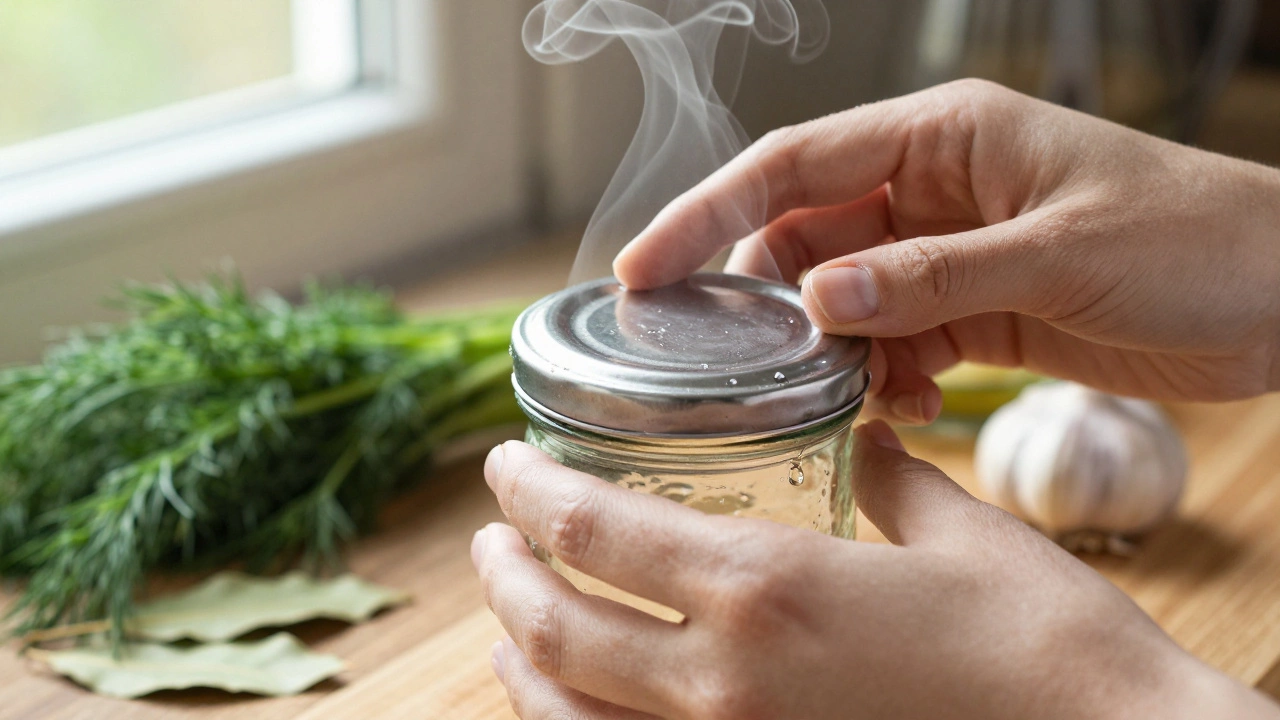 Руки закатывают банку, пар поднимается, крышка щёлкает — детали стекла и металла