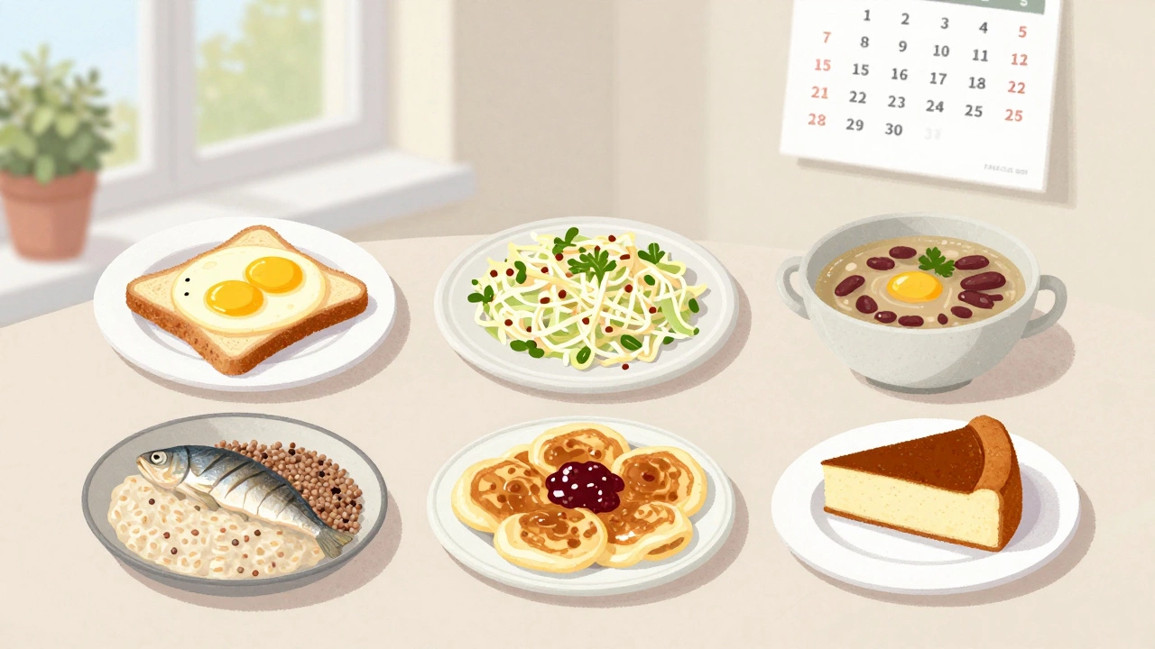 Семь простых блюд недели: от овсянки до блинчиков и торта, выложенных на столе.