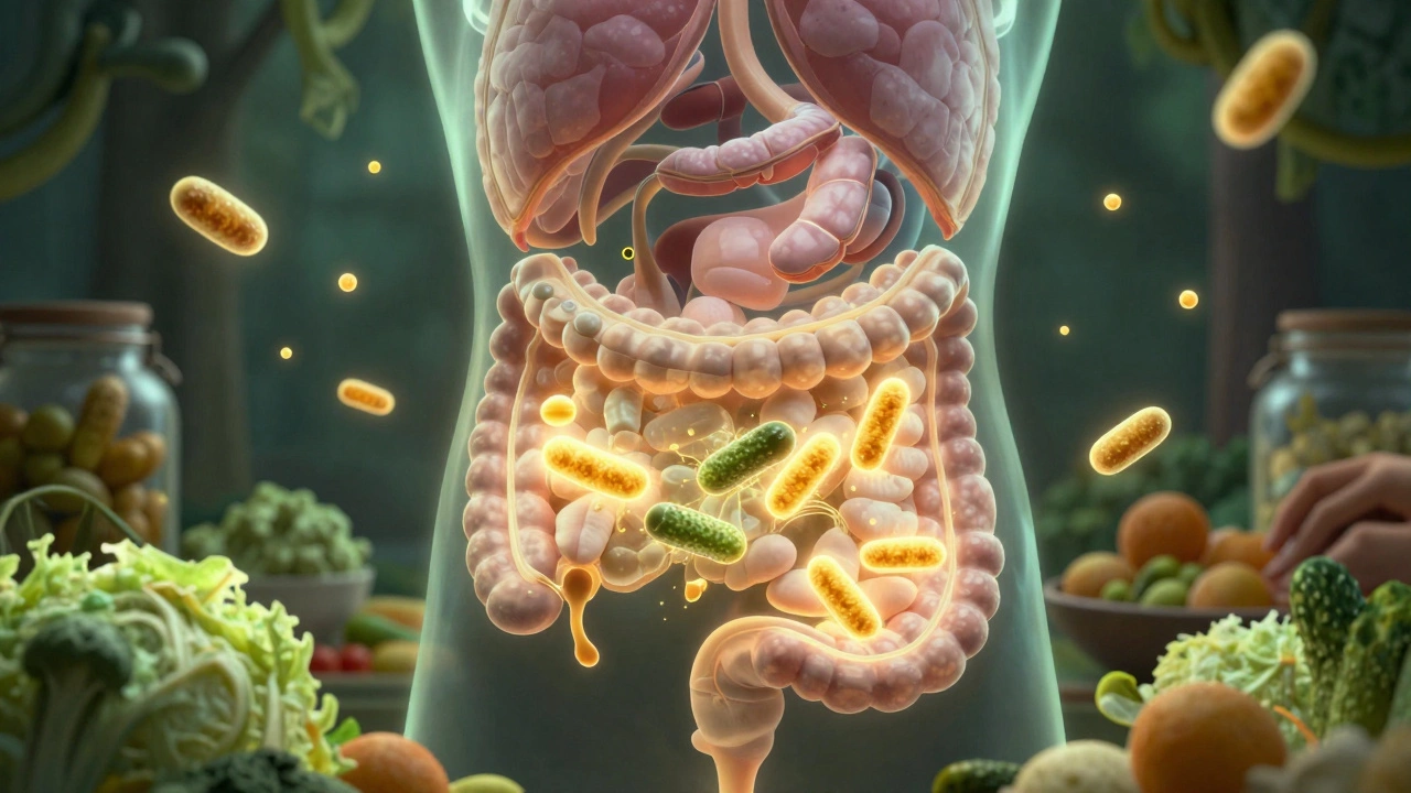 Схема кишечника с живыми бактериями, поглощающими квашеные овощи, в золотистых оттенках.