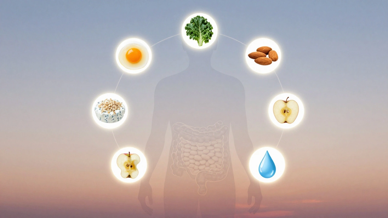 Силуэт человека, наполненный символами полезных продуктов, символизирующих ежедневное здоровье.