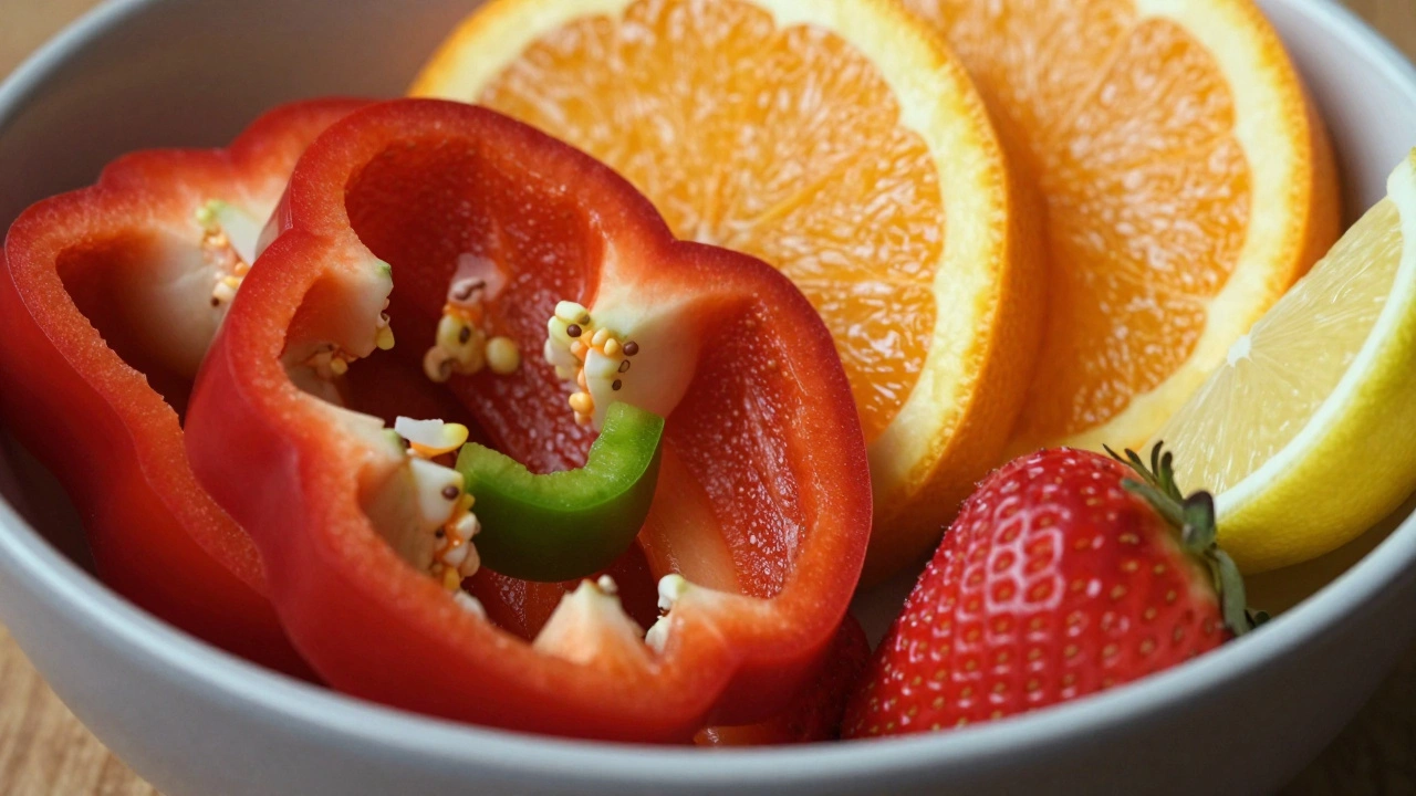 Свежие перцы, апельсины и клубника в миске