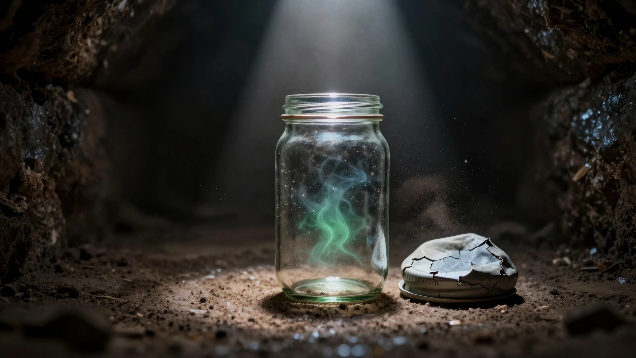 Темный погреб: две банки — одна с идеальной крышкой, другая с вздутой и треснувшей.