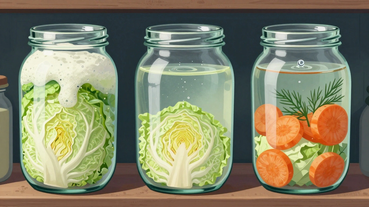 Три стадии брожения капусты в стеклянной банке: активные пузырьки, умеренное брожение и полная готовность с морковью и укропом.