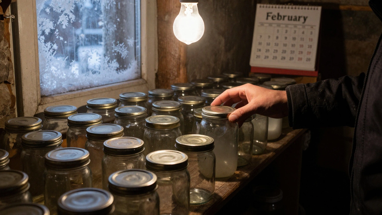 Банки с консервированными овощами хранятся в прохладном подвале.