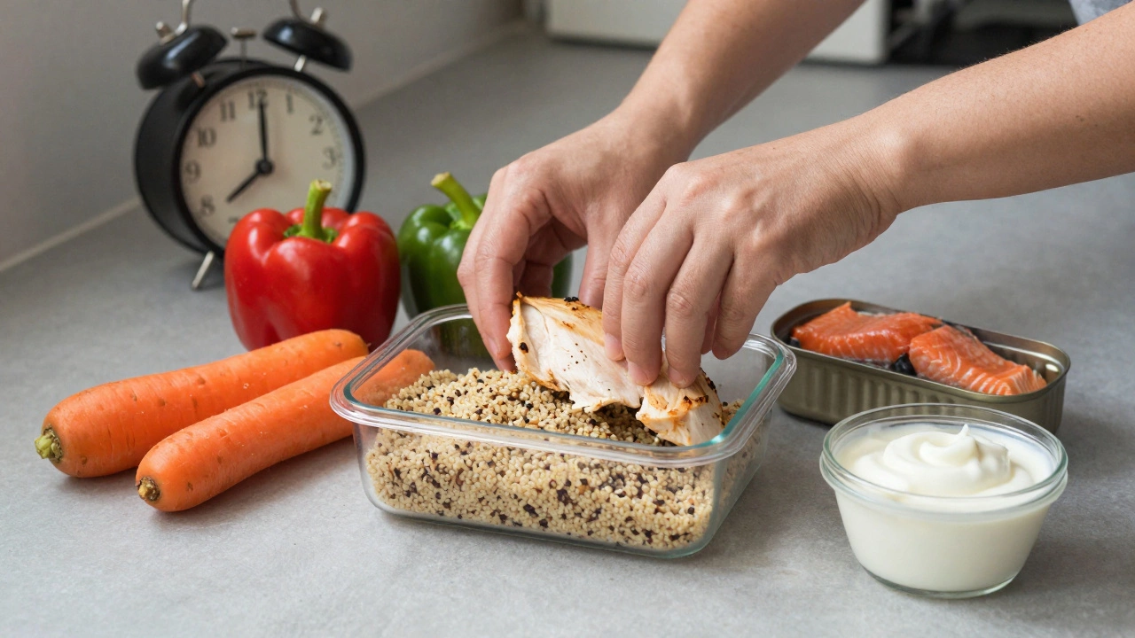 Быстрый здоровый обед из продуктов из магазина: курица, киноа, овощи и рыба.