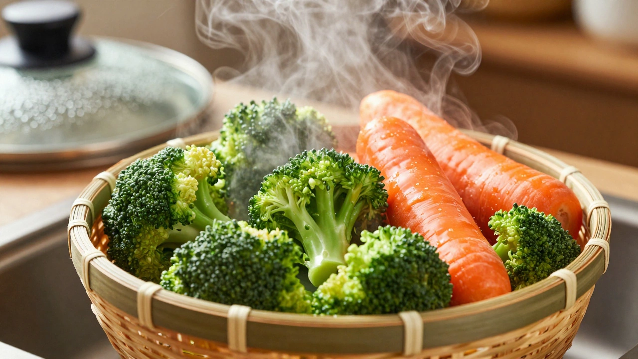 Овощи на пару в бамбуковой корзине с поднимающимся паром.