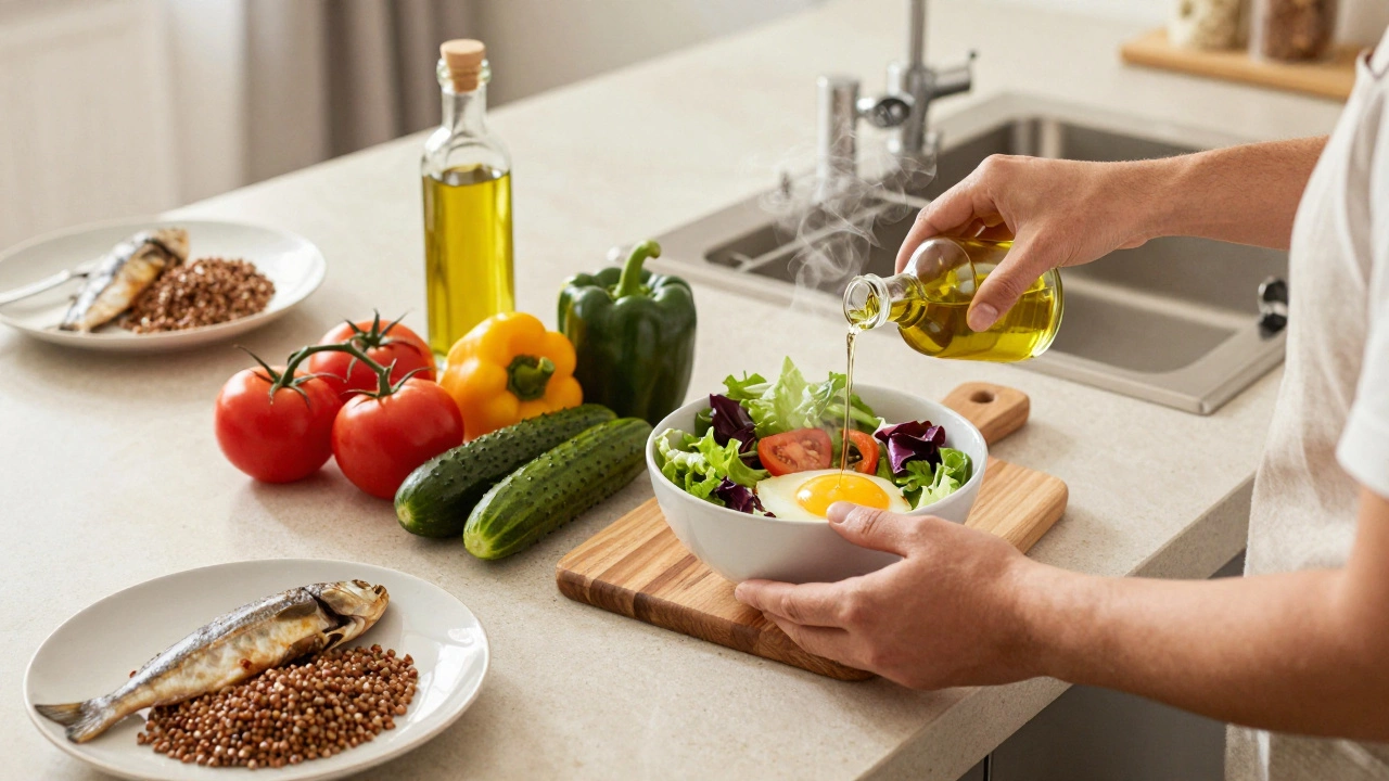 Приготовление здорового блюда с яйцом и овощами