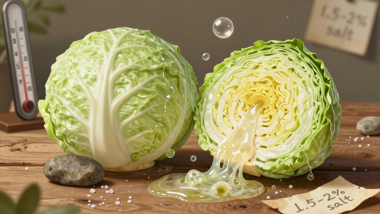 Разрезанная капуста: одна половина хрустящая, другая — превратившаяся в слизь, рядом — камень, соль и термометр с высокой температурой.