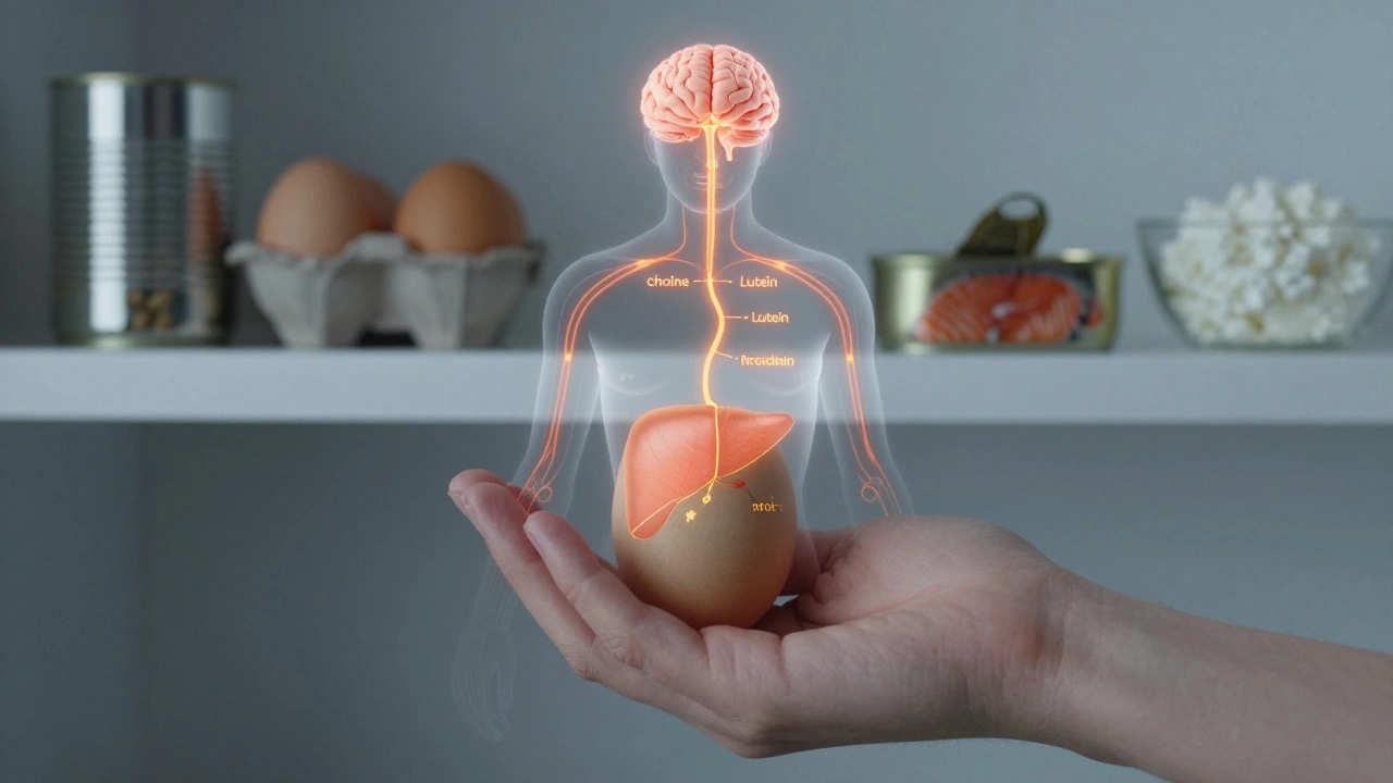 Рука держит яйцо, над которым светятся пути доставки питательных веществ в организм