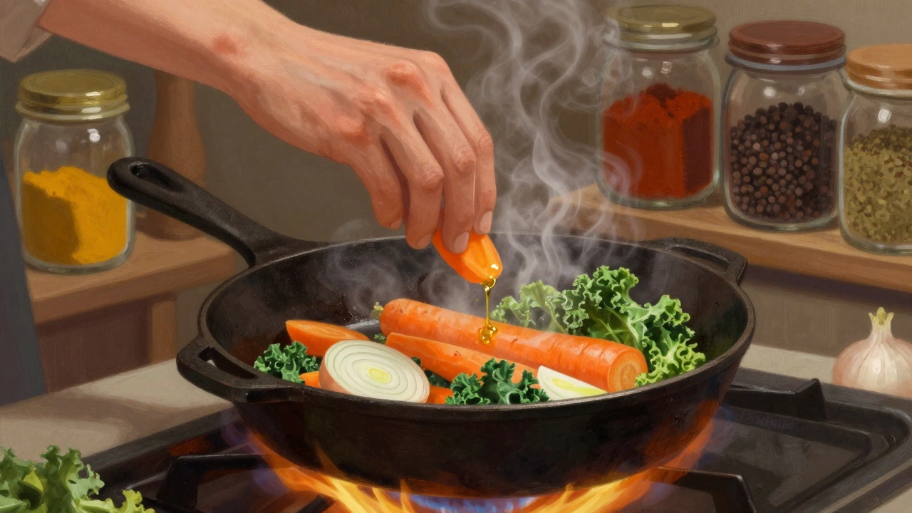 Рука обжаривает овощи на сковороде с оливковым маслом и специями.